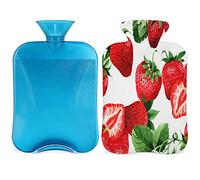 Botella de agua caliente fresa con funda esponjosa, bolsa de agua caliente de gran capacidad de 2 litros, bolsa de agua de hojas de fresa para noches acogedoras, alivio del dolor, espalda, cuello y hombros