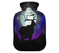 Botella de agua caliente Galaxy Flower con cubierta de forro polar, bonita bolsa de agua caliente de 2 litros para aliviar el dolor, cuello y hombros, calentador de pies, calambres menstruales, perfil de ciervo hipster en la noche azul cielo, HJ186