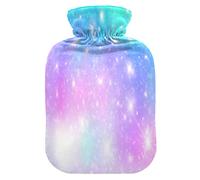 Botella de agua caliente Galaxy Flower con cubierta de forro polar, bonita bolsa de agua caliente de 2 litros para aliviar el dolor, cuello y hombros, calentador de pies, calambres menstruales, cielo galaxia con arco iris, HJ213