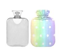 Botella de agua caliente grande de 1 litro con cubierta suave, bolsa de agua caliente de lunares arcoíris pastel para cama, calentador de manos, pies, cuello, hombros y piernas, alivio del dolor de