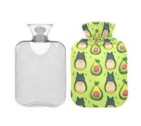 Botella de agua caliente grande de 1 litro con cubierta suave, lindo aguacate divertido gatos verde, bolsa de agua caliente duradera para compresas frías y calientes, calambres menstruales, cuello,