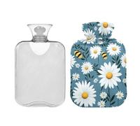 Botella de agua caliente grande de 2 litros con bonita cubierta, abejas blancas margaritas sobre bolsas de agua caliente transparente azul para compresas frías y calientes, calambres menstruales,