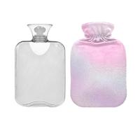 Botella de agua caliente grande de 2 litros con bonita cubierta, bolsa de agua caliente reutilizable de color pastel con diseño de mármol arcoíris degradado para calentadores de manos, pies, cuello,