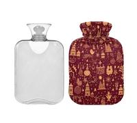 Botella de agua caliente grande de 2 litros con cubierta suave, iconos dorados antiguos, bolsas de agua caliente transparentes para manos, pies, cama, calambres de abdomen, cuello y hombros, alivio
