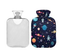 Botella de agua caliente grande de 2 litros con tapa, diseño de astronautas de dibujos animados, lunas, azul oscuro, bolsa de agua caliente reutilizable para calentadores de pies de manos, calambres