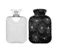 Botella de agua caliente grande de 2 litros con tapa, diseño de telaraña de Halloween, color negro, lindas bolsas de agua caliente para calentadores de manos, pies, cuello, hombros y piernas, alivio