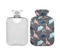 Botella de agua caliente gris con cubierta con diseño de dinosaurios para niños, bolsa de agua caliente de 1 litro, compresa caliente/fría, alivio del dolor de cuello y hombros
