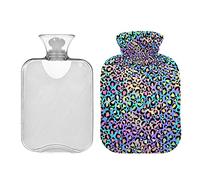Botella de agua caliente holográfica con estampado de leopardo morado y azul con tapa, bolsa de agua caliente de 1 litro, compresa fría y caliente, alivio del dolor de cuello y hombros