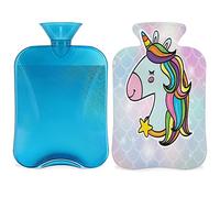 Botella de agua caliente mágica con diseño de unicornio y escamas de peces con cubierta esponjosa, botella de unicornio de gran capacidad, bolsa de agua para noches acogedoras, alivio del dolor,