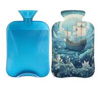Botella de agua caliente náutica con diseño de flor y luna con tapa, bolsa de agua caliente de 2 L para aliviar el dolor, cuello y hombros, calentador de manos y pies