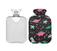 Botella de agua caliente negra de dinosaurios coloridos con cubierta, bolsa de agua caliente transparente, botella de agua caliente de 1 litro para alivio del dolor de cuello y hombros, terapia de calor y frío