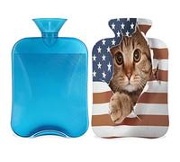 Botella de agua caliente para gatos con funda esponjosa, bolsa de agua caliente de gran capacidad de 2 litros, bolsa de agua con bandera de gato 3D para noches acogedoras, alivio del dolor, espalda, cuello y hombros