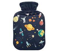 Botella de agua caliente plana con fondo espacial con cubierta suave y cálida para cama de invierno, cuello y hombros, 2 L
