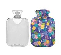 Botella de agua caliente púrpura con patrón de flor de piña tropical con tapa, bolsa de agua caliente de 1 litro, compresa fría y caliente, alivio del dolor de cuello y hombros
