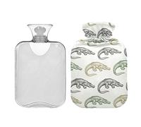 Botella de agua caliente retro de cocodrilo beige con tapa, bolsa de agua caliente de 1 litro, compresa fría y caliente, alivio del dolor de cuello y hombros