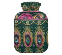 Botella de agua caliente verde con diseño de plumas de pavo real con funda suave, compresa caliente de 2 L para aliviar el dolor de cuello y hombros