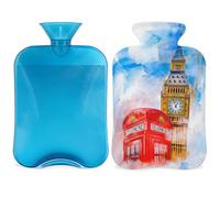 Botella de agua caliente vintage con diseño de bandera de Inglaterra del Big Ben de Londres con funda, bolsa de agua caliente de 2 litros para aliviar el dolor, cuello suave y hombro, calentador de