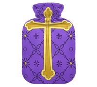 Botella de agua caliente vintage con diseño de cruz dorada y flores moradas con cubierta suave, bolsa de compresión caliente de 2 L para aliviar el dolor de cuello y hombros
