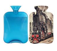 Botella de agua caliente vintage con funda esponjosa, bolsa de agua caliente de gran capacidad de 2 litros, bolsa de agua para botellas de tren Desig para noches acogedoras, alivio del dolor,