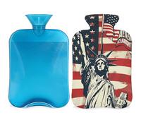 Botella de agua caliente vintage con la bandera americana con funda, 4 de julio, estatua de la Libertad, bolsa de agua caliente de 2 litros para aliviar el dolor, cuello suave y hombro, calentador de