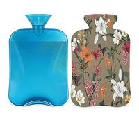 Botella de agua caliente vintage con patrón floral con funda esponjosa, 2 L, botella de flores florales de gran capacidad, bolsa de agua para noches acogedoras, alivio del dolor, espalda, cuello y