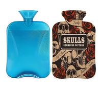 Botella de agua caliente vintage de calaveras rosas con funda esponjosa, 2 L, gran capacidad, calaveras, botella vieja, bolsa de agua para noches acogedoras, alivio del dolor, espalda, cuello y