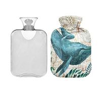 Botella de agua caliente vintage de delfines marinos con cubierta, bolsa de agua caliente de 2 l, bolsa de agua caliente transparente para calambres menstruales, alivio del dolor de cuello y hombro, calentador de manos y pies