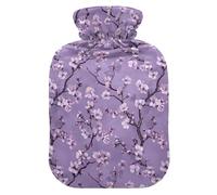 Botella de agua caliente vintage de flor de cerezo morado con cubierta suave, compresas calientes de 1 litro para el cuerpo para terapias frías y calientes