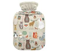 Botella de agua caliente y cubierta de animales del bosque de Navidad, zorro, cerveza, búho, ciervo, suave, cálida, para cama de invierno, cuello y hombros, 2 L