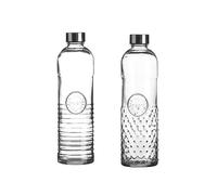 Botella de agua con estilo oriental de 1 litro con tapón de rosca, hermética, para agua, zumo en frigorífico, botella de cristal vintage (juego de 2 unidades Retro VG (Stripe Dot))