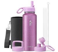 Botella de agua Coolflask de 40 onzas aislada con popote, de acero inoxidable, con 3 tapas, para deportes u oficina, mantiene el frío 48 horas y caliente 24 horas, rosa brillante