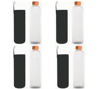 Botella de Agua Cristal con Tapón de Bambú Botella Vidrio Borosilicato Ecológica Reciclable Reutilizable Libre de Tóxicos sin BPA (4 x Botella sin lema + Funda negra, 1500 ml)