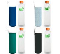 Botella de Agua Cristal con Tapón de Bambú Botella Vidrio Borosilicato Ecológica Reciclable Reutilizable Libre de Tóxicos sin BPA (4 x Botella con lema + Funda colores, 1500 ml)