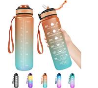 Botella de agua de 1 litro con pajita, marca de tiempo, botella de agua deportiva motivacional, sin BPA, para niñas, niños, fitness, al aire libre, gimnasio, escuela y oficina (naranja verde)