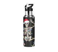 Botella de agua de acero inoxidable aislada al vacío de 20 onzas, botellas de agua a prueba de fugas para gimnasio, al aire libre, viajes, escuela, divertido esqueleto de Papá Noel, negro