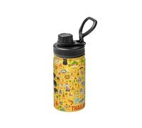 Botella de agua de acero inoxidable aislada con diseño de mapa de Tailandia con iconos, botella de agua deportiva de 12 onzas, ideal para viajes