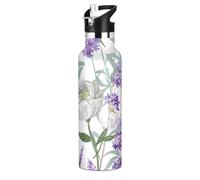 Botella de agua de acero inoxidable con tapa con pajilla y flores moradas y camelia blanca, con aislamiento para niños y niñas, deportes, 20 onzas líquidas