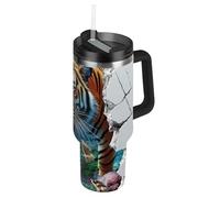 Botella de agua de acero inoxidable con tapa de pajilla decorativa para niños, diseño de tigres de animales agrietados en 3D, boca ancha, para escuela, deportes, guardería, campamento y más, para 40
