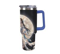 Botella de agua de acero inoxidable de 40 oz con aislamiento, taza de café de viaje con pajita y estampado "Chang'e Flies to The Moon", a prueba de fugas, con tapa y pajita.