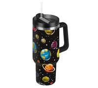 Botella de agua de boca ancha al vacío de dibujos animados con diseño de planeta colorido con asa y tapa de pajita, taza decorativa de viaje para café con asa para agua, té helado o café, vasos para