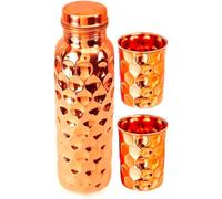 Botella de agua de cobre ayurvédica con beneficios para la salud, recipiente de cobre para deportes, fitness, yoga, hogar, oficina, hotel y un regalo (1 botella y 2 vasos) (diamante)