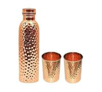 Botella de agua de cobre ayurvédica con beneficios para la salud, recipiente de cobre para deportes, fitness, yoga, hogar, oficina, hotel y un regalo (1 botella y 2 vasos) (relieve)