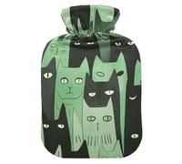 Botella de agua de estilo minimalista de dibujos animados de gatos negros y verdes para agua caliente con cubierta suave, bolsa de agua de 2 L para calentador de cuello y hombros, artritis, bolsa de