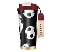 Botella de agua de fútbol negra con tapa con popote, de acero inoxidable, boca ancha, aislada, a prueba de fugas, para mujer, color rojo