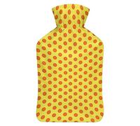 Botella de agua de goma amarilla con lunares naranjas con cubierta de felpa suave, bolsa de agua caliente para invierno, manos y pies, protección contra el frío, 1000 ml