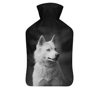Botella de agua de goma blanca Husky sobre negro con cubierta de felpa suave, bolsa de agua caliente para invierno, manos y pies, protección contra el frío, 1000 ml