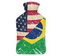 Botella de agua de goma con bandera retro de Estados Unidos y Brasil con cubierta de felpa suave, bolsa de agua caliente para invierno, manos y pies, protección contra el frío, 1000 ml