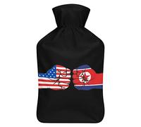 Botella de agua de goma con diseño de bandera de Estados Unidos y Corea del Norte, con cubierta de felpa suave, bolsa de agua caliente para invierno, manos y pies, protección contra el frío, 1000 ml