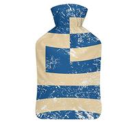 Botella de agua de goma con diseño de bandera de Grecia retro con cubierta de felpa suave, bolsa de agua caliente para invierno, manos y pies, protección contra el frío, 1000 ml
