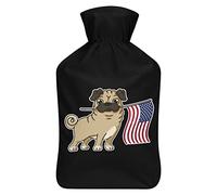 Botella de agua de goma con diseño de bandera estadounidense de carlino con cubierta de felpa suave, bolsa de agua caliente para invierno, manos y pies, protección contra el frío, 1000 ml